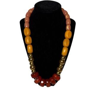 Chunky Beaded Necklace 23” Acrylic Statement Brown Orange Gold Colorblock Boho